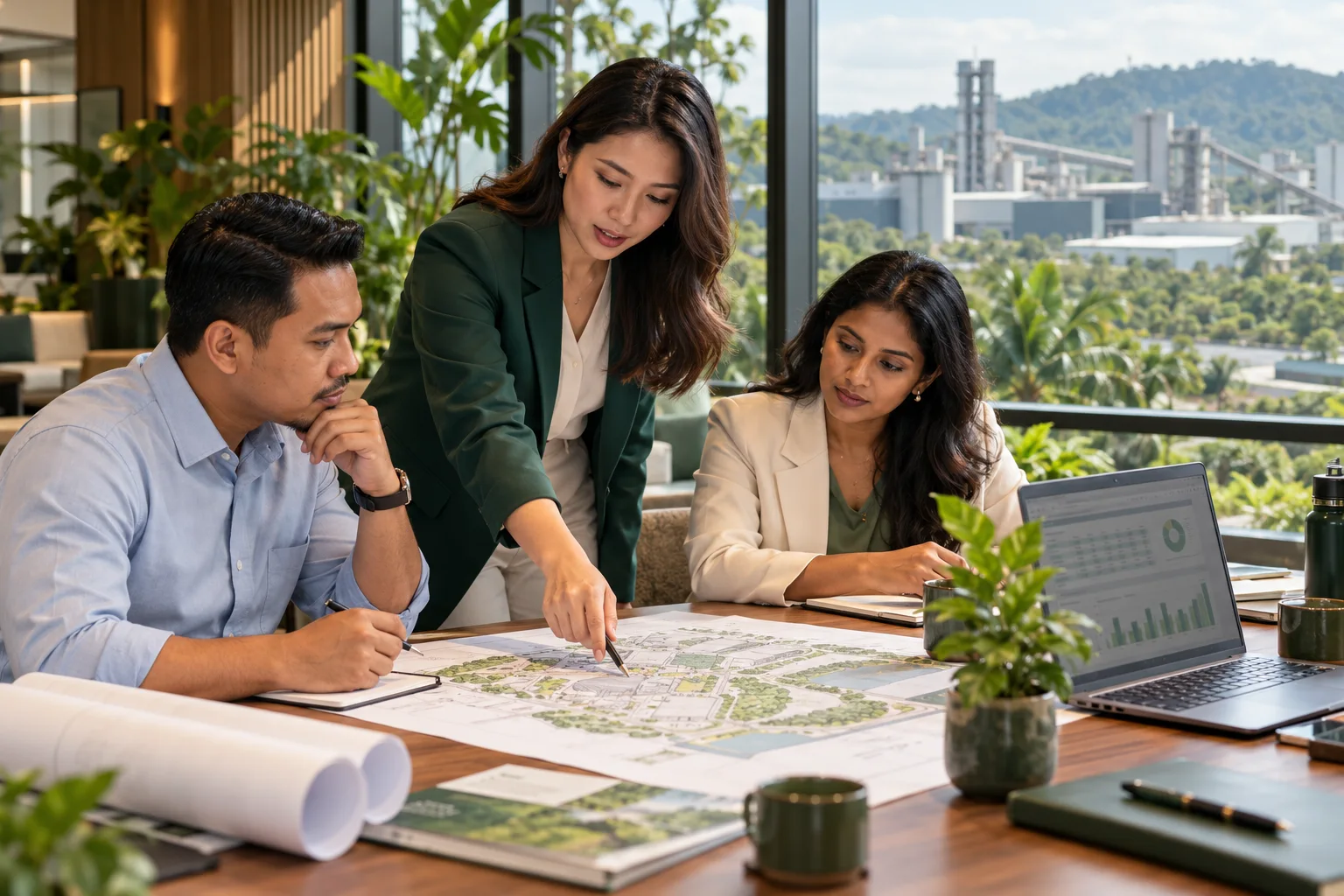 Illustrative Malaysian business professionals reviewing sustainability information together