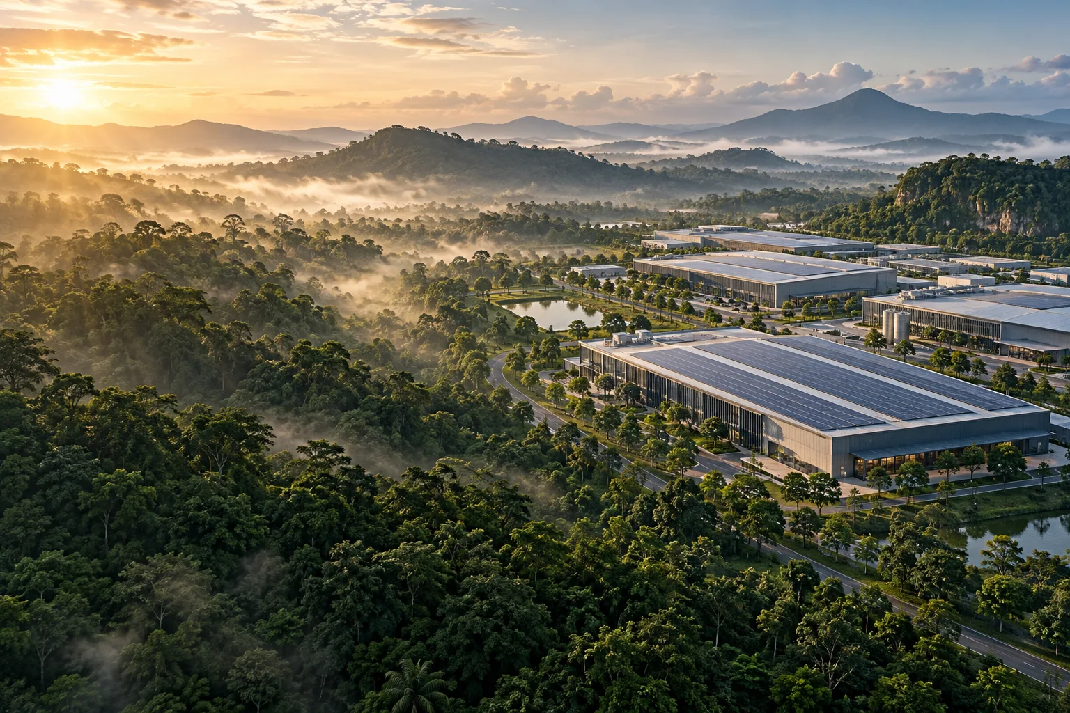 Illustrative tropical industrial campus with rooftop solar panels and surrounding forest